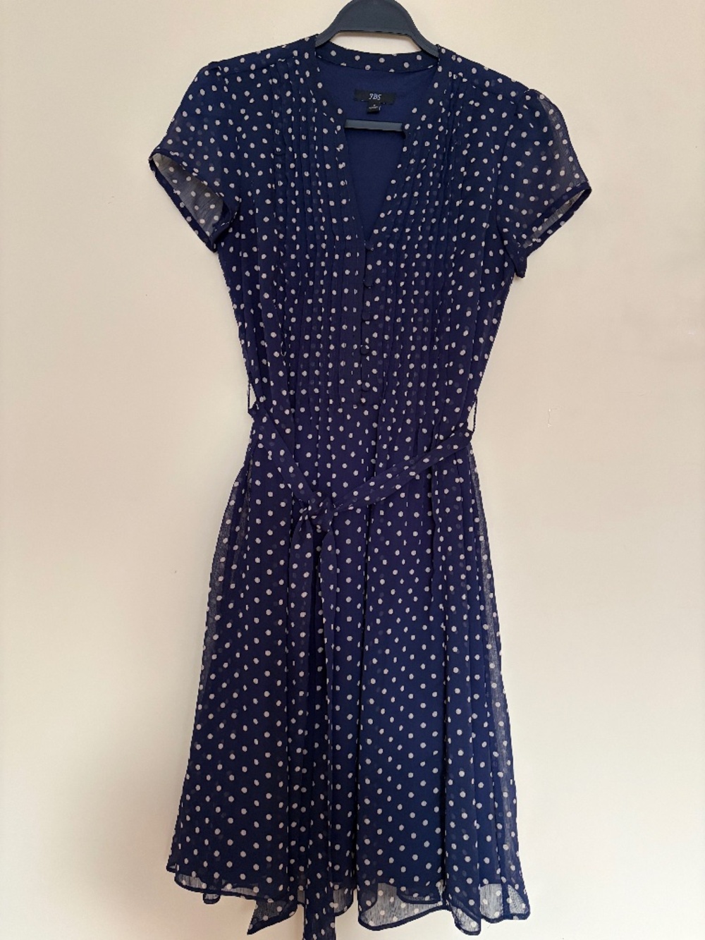 JBS Navy Blue Polka Dot Chiffon Dress – Size 6
